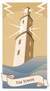 Major Arcana Tarot Cards. The Tower. Large tower over raging sea, under the storm and hurt by lightning