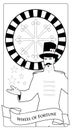 Major Arcana Tarot Cards. The Wheel of Fortune. Master of ceremonies with mustache, wearing top hat adorned with playing cards Royalty Free Stock Photo