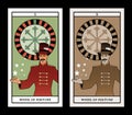 Major Arcana Tarot Cards. The Wheel of Fortune. Master of ceremonies with mustache, wearing top hat adorned with playing cards,