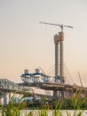 Major bridge construction site at the golden hour, Montreal, quebec, Canada. Royalty Free Stock Photo