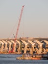 Major bridge construction site at the golden hour, Montreal, quebec, Canada. Royalty Free Stock Photo