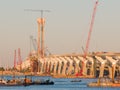 Major bridge construction site at the golden hour, Montreal, quebec, Canada. Royalty Free Stock Photo