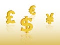 Major currencies of the world including dollar, pound, euro and yen in gold color vector illustration Royalty Free Stock Photo