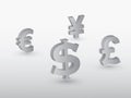 Major currencies of the world including dollar, pound, euro and yen in gray color vector illustration Royalty Free Stock Photo