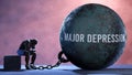 Major depression and an alienated suffering human. A metaphor showing Major depression as a huge prisoner\'s ball bringin