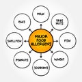 Major Food Allergens (reaction that occurs soon after eating a certain food) mind map text concept background