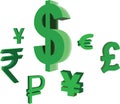 Major International Currency Symbols with the Dollar-