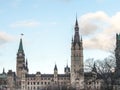 Main clock tower of the center block of the Parliament of Canada, in the Canadian Parliamentary complex of Ottawa, Ontario.