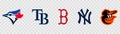 Major League Baseball MLB. American League AL. Al East. Toronto Blue Jays, Boston Red Sox, Tampa Bay Rays, New York Yankees,