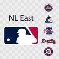 Major League Baseball MLB. National League NL. NL East. New York Mets, Philadelphia Phillies, Atlanta Braves, Miami Marlins, Royalty Free Stock Photo