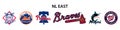 Major League Baseball MLB 2023. National League NL. NL East. New York Mets, Philadelphia Phillies, Atlanta Braves, Miami Marlins, Royalty Free Stock Photo