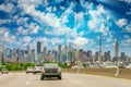 Major road to New York City at sunset. Car traffic at dusk Royalty Free Stock Photo