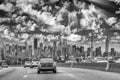 Major road to New York City at sunset. Car traffic at dusk Royalty Free Stock Photo