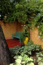 Majorelle garden - a bench among plants in a corner of the garden Royalty Free Stock Photo