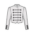 Majorette jacket technical fashion illustration with crop length, long leg o Mutton sleeves, stand collar, frog closure