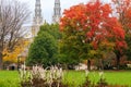 Majors Hill Park autumn red leaves scenery. Notre Dame Cathedral Basilica in the background. Royalty Free Stock Photo