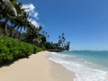 Makalei Beach with waves lapping, napakaa, lava rock wall and Coconut trees along the shore Royalty Free Stock Photo