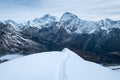 Makalu fifth highest mountain in world at 8481m (behind) and Chamlang 7319m () morning shot from Mera Royalty Free Stock Photo