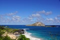 Makapuu beach with people in the water, and Rabbit and Rock Island in the distance