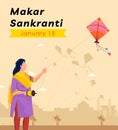 Makar Sankranti festival. Happy Indian sun celebration day poster with flying kites