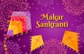 Makar Sankranti festival. Happy Indian sun celebration day poster with flying kites. Sankrant harvest greeting card or banner