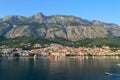 Panoramic view of Makarska city center from the sea in Makarska, Croatia on June 16, 2019.