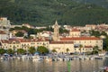 View of Makarska city center from the sea. Adriatic Sea coast, Dalmatia, Croatia