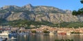 View of Makarska city center from the sea. Adriatic Sea coast, Dalmatia, Croatia