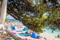 Makarska, Croatia - 22.7.2021: Peoples on the beach at Makarska city, Croatia. Pine tree in foreground, relaxation on the beach, Royalty Free Stock Photo