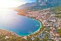 Makarska. Tourist city of Makarska aerial view of beaches and Biokovo mountain Royalty Free Stock Photo