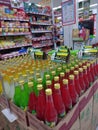 Makassar, March,17,2023. Colorful syrup drinks with various flavors sold in a mini market in Indonesia