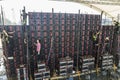 Makati, Metro Manila, Philippines - Production crew assembling a large LED wall display for an outdoor music concert.