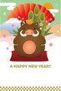 New year`s greeting card template / cartoon wild boar