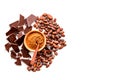 Make chocolate. Cocoa powder in bowl near cocoa beans and pieces of chocolate on white background top view copy space Royalty Free Stock Photo