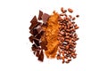 Make chocolate. Cocoa powder near cocoa beans and pieces of chocolate on white background top view copy space Royalty Free Stock Photo