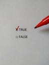 Make a choice. Choosing True instead of False. True selected with red marker Royalty Free Stock Photo