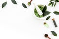 Make cosmetics with tea tree essential oil. Fresh tea tree leaves, mortar and pestel, cosmetics on white background top