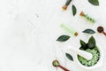Make cosmetics with tea tree essential oil. Homemade cosmetics. Fresh tea tree leaves, mortar and pestel, cosmetics on