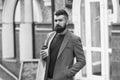 Make this day with coffee. Bearded man enjoying morning coffee. Drinking his cup first thing in morning. Businessman in Royalty Free Stock Photo