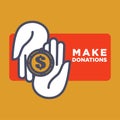 Make donations agitative poster with hands that hold coin