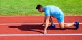 Make effort for victory. Adult runner prepare race at stadium. How to start running. Sport motivation concept. Man