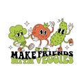 Make friends with veggies - sticker concept. Characters vegetables in retro cartoon style, funny colorful mascots -