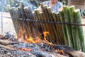 Make glutinous rice with coconut milk roasted in a length bamboo joints cylinder, Khao Lam is Traditional Thai sweet dessert