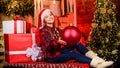 Make good cheer. hello from santa claus. surprise. small happy girl at christmas tree. morning before Xmas. family Royalty Free Stock Photo