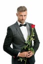 Make good first impression. Valentines day and anniversary. Romantic gentleman. Man mature confident macho with romantic Royalty Free Stock Photo