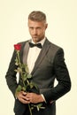 Make good first impression. Valentines day and anniversary. Romantic gentleman. Man mature confident macho with romantic Royalty Free Stock Photo