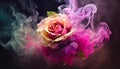 Make an image where a gorgeous rose bloom is surrounded by colourful, dynamic smoke