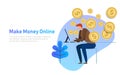 Make Money Online. Business Concept Illustration. people sitting in front of computer with coin. e-commerce marketing Royalty Free Stock Photo