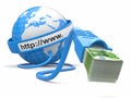 Make money online. Concept. Earth and internet cable with money.