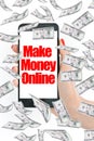 Make money online, message on smartphone with flying money Royalty Free Stock Photo